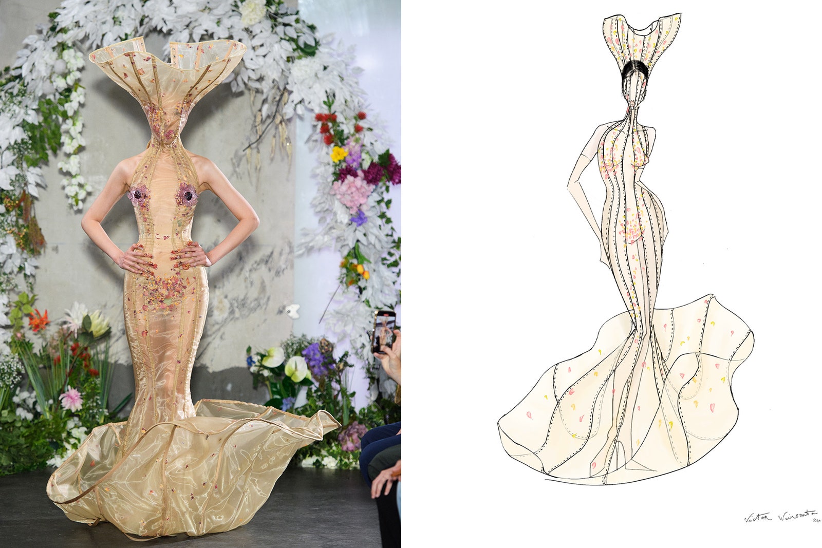 התמונה עשויה להכיל לבוש רשמי שמלת אופנה שמלת כלה שמלת כלה שמלת ערב אדם ופרח