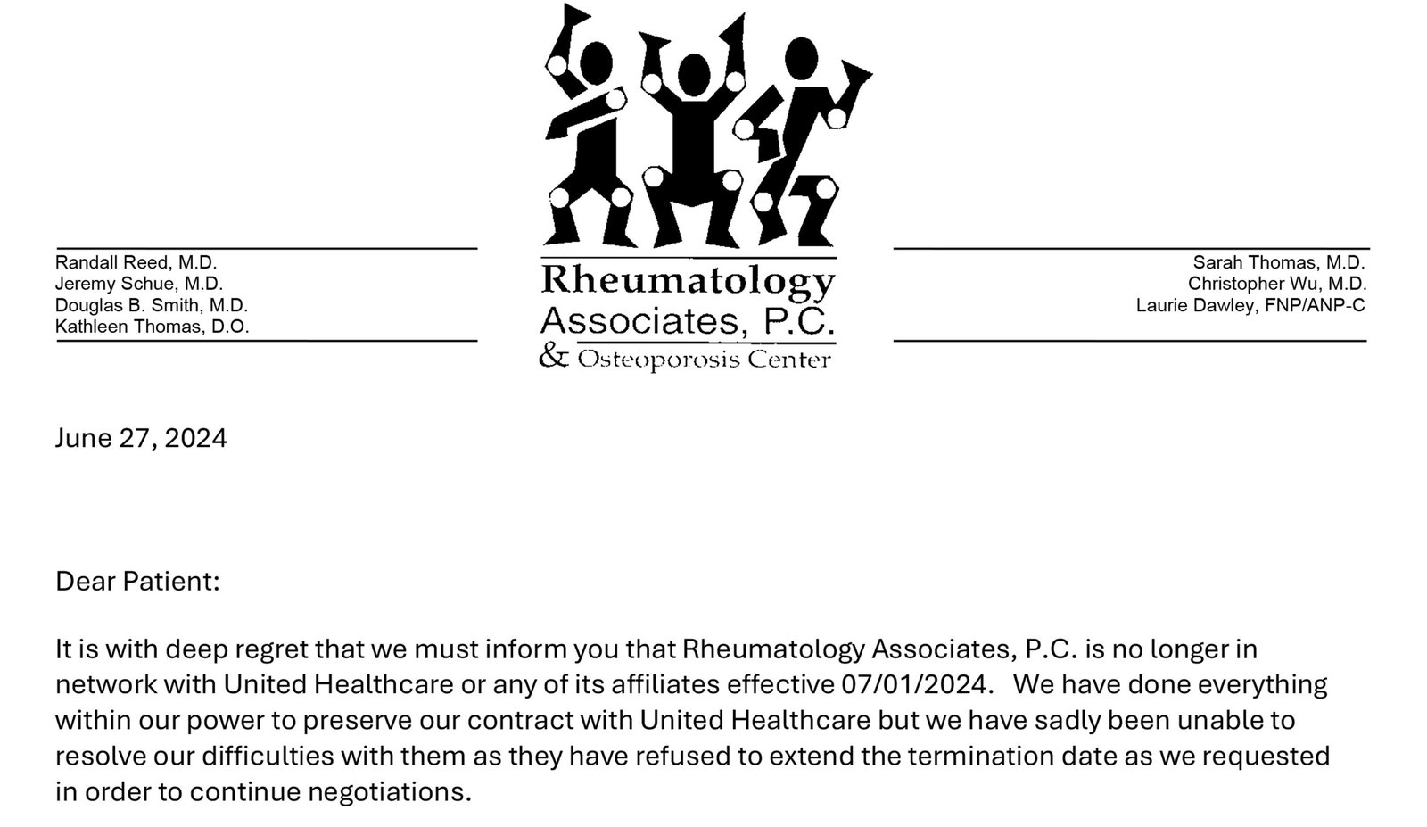 מכתב PC של Rheumatology Associates על כך של UnitedHealthcare מחוץ לרשת