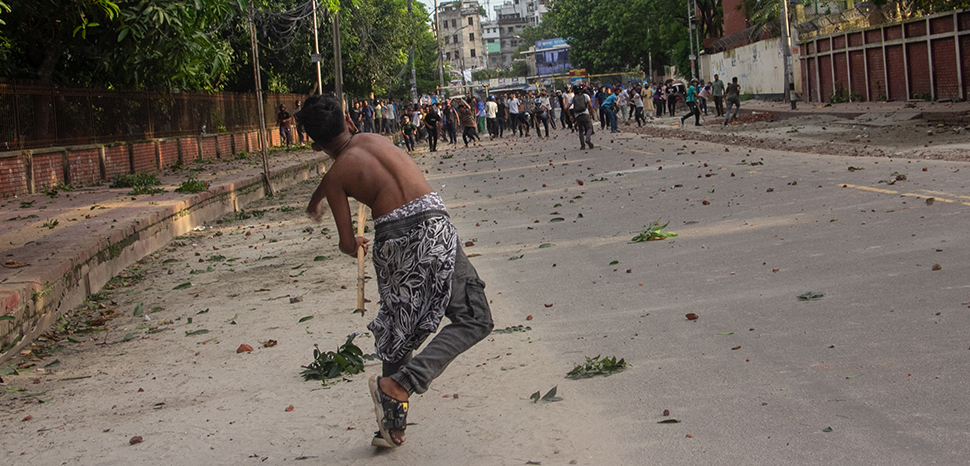 cc Rayhan Ahmed, modified, Fresh violence has broken out in Bangladesh between police and student protesters demanding justice for victims of recent unrest. Clashes were reported in the capital Dhaka and other cities on . In the north-eastern city of Sylhet, an official claimed demonstrators had attacked police who in turn used tear gas. Photos sent from the southern city of Barisal to BBC Bangla show police in riot gear and wielding batons, barricading demonstrations and taking away protesters, many of whom are women. More than 800 people have been killed in this month