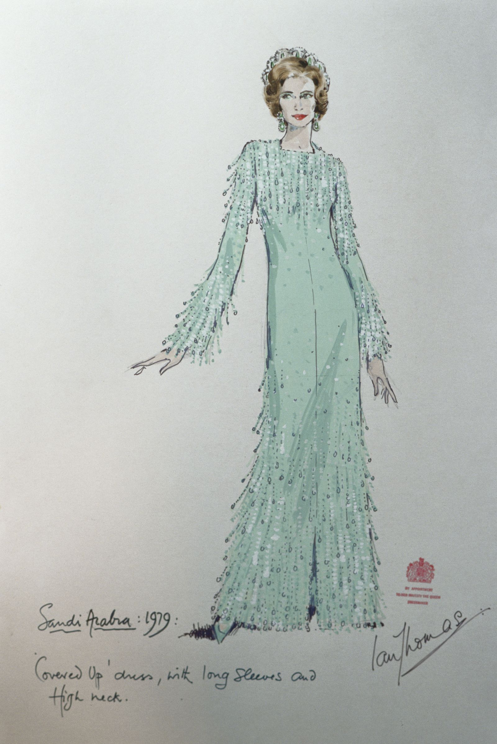 Esquisse d'Une Robe conçue Pour la reine élisabeth II par le crateur de mode ian thomas. La חלוק בקונצ'ו לשפוך לה ...